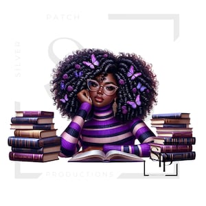 UV-DTF-sticker Afro-Amerikaanse vrouw leest krullend haar trui print klaar om aan te brengen Permanente zelfklevende cups Telefoonhoesjes Bril Auto's