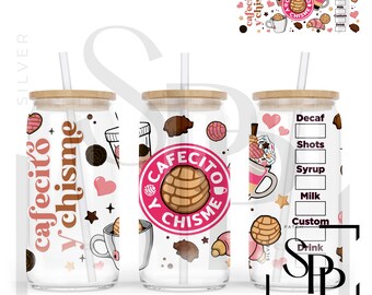 UV DTF Wrap Decal Cafecito Chisme Print Glass Can Wrap  for 16oz Glass Ready to Apply Permanent Adhesive