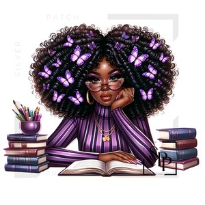 UV-DTF-sticker Afro-Amerikaanse vrouw leest krullend haar paarse trui print klaar om aan te brengen Permanente zelfklevende cups Telefoonhoesjes Bril Auto's