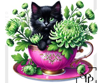 UV DTF Coquette Black Cat In Tea Cup Green Flowers Print Ready to Apply Permanent Adhesive Sticker Cups Phone Cases Glasses Cars