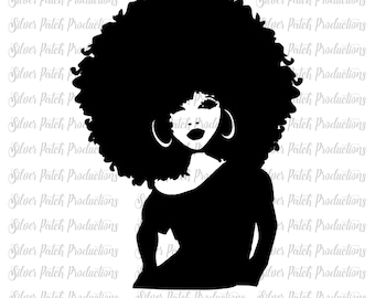 May include: Black and white silhouette of a woman with large, curly afro hair and large hoop earrings. She is wearing a simple, sleeveless top.