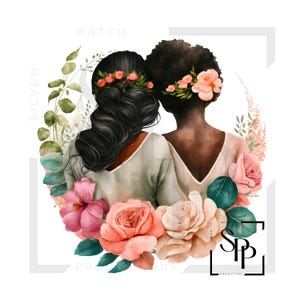 UV-DTF-sticker Sisters Best Friends Black Women Flowers Klaar voor toepassing Permanente zelfklevende sticker Cups Telefoonhoesjes Brillen Auto's Elk plat oppervlak