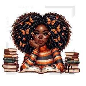 UV-DTF-sticker Afro-Amerikaanse vrouw leest krullend haar Oranje trui print klaar om aan te brengen Permanente zelfklevende cups Telefoonhoesjes Brillen Auto's