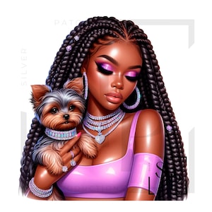UV-DTF-sticker Mooie zwarte vrouw Leuke Yorkie-moeder klaar om aan te brengen Permanente zelfklevende sticker Bekers Telefoonhoesjes Bril Auto's Elk plat oppervlak