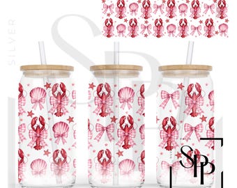 UV DTF Wrap Decal Lobster Shells Coquette Design Bows Glass Can Wrap  for 16oz Glass Ready to Apply Permanent Adhesive