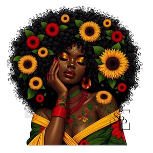 UV-DTF Mooie zwarte vrouw Verbazingwekkend krullend haar Bloemen diep nadenkende print klaar om aan te brengen permanent zelfklevende sticker kopjes telefoon bril auto's