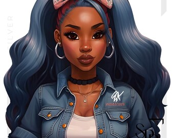 UV DTF African American Beautiful Woman Denim With Hair Bow Print Ready to Apply Permanent Adhesive Sticker Cups Phone Cases Glasses Cars