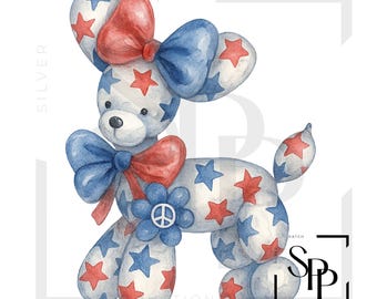 UV DTF Balloon Dog Red White Blue Stars Big Neck Bow Peace Print Ready to Apply Permanent Adhesive Sticker Cups Phone Cases Glasses Cars
