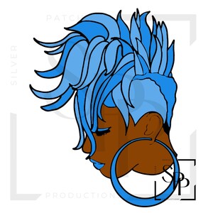 May include: Illustration of a person's profile with blue hair and a large blue hoop earring. The skin is brown, and the lips are blue. The image is a graphic design with the words "SILVER" and "PRODUCTION" in the background.