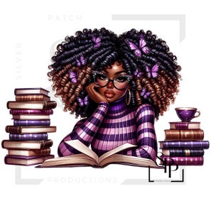 UV-DTF-sticker Afro-Amerikaanse vrouw leest krullend haar met vlinderprint Klaar om aan te brengen Permanente zelfklevende cups Telefoonhoesjes Brillen Auto