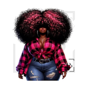 UV-DTF Mooie zwarte vrouw curvy krullend haar roze buffel geruite print klaar om aan te brengen permanente sticker kopjes telefoon bril auto's