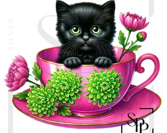 UV DTF Coquette Black Cat In Tea Cup Pink And Green Flowers Print Ready to Apply Permanent Adhesive Sticker Cups Phone Cases Glasses Cars