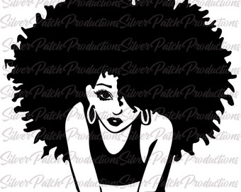 May include: Black and white silhouette of a woman with large, curly hair. She is wearing a sleeveless top and has large earrings.