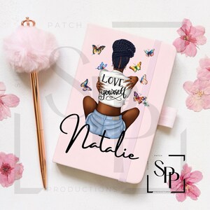 UV-DTF Gepersonaliseerd Love Yourself Mooie Afro-Amerikaanse vrouw A5-formaat afdruk klaar om aan te brengen Permanente zelfklevende sticker kopjes Boekomslagen