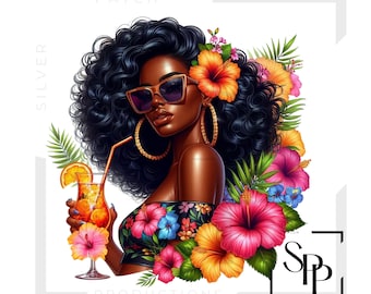 UV DTF Black Woman Luxury Tropical Flowers Drink Print Ready to Apply Permanent Adhesive Sticker Cups Phone Cases Glasses Cars