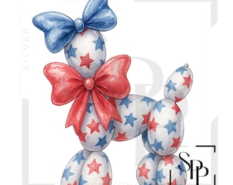 UV DTF Balloon Dog Red White Blue Stars Big Neck Bow Print Ready to Apply Permanent Adhesive Sticker Cups Phone Cases Glasses Cars