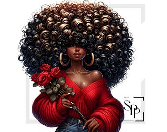 UV DTF Beautiful Black Woman Curly Hair Roses Red Sweater Print Ready to Apply Permanent Adhesive Sticker Cups Phone  Glasses Cars