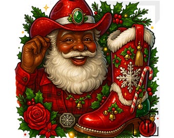 UV DTF Black Country Cowboy Santa Cowboy Boot Print Ready to Apply Permanent Adhesive Sticker Cups Phone Cases Glasses Cars