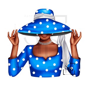 UV-DTF Mooie zwarte vrouw blauw witte polkadot dame klaar om aan te brengen permanent zelfklevende sticker bekers telefoon bril auto's tijdschriften bekers