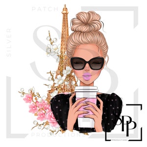 UV DTF Mooie vrouw Blond haar Parijs Eiffeltoren Bloemenprint Klaar voor gebruik Permanente zelfklevende sticker Cups Telefoonhoesjes Bril Auto's