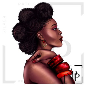 UV-DTF-sticker Afro-Amerikaanse mooie vrouw met natuurlijk haar rode armbanden klaar om aan te brengen Permanente zelfklevende cups Telefoonhoesjes Bril Auto