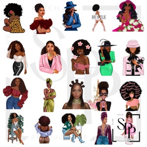 Könnte beinhalten: Eine digitale Collage aus 16 Illustrationen, die schwarze Frauen in verschiedenen Posen und Outfits zeigen. Die Illustrationen sind farbenfroh und lebendig, mit einer Vielzahl von Frisuren, Kleidung und Accessoires. Der Text "HUSTLE" und "PATCH GIRL" ist in der Collage sichtbar.