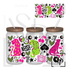 UV DTF Wrap Decal Big Cats Lucky 7 Dice Cherry Heart Glass Can Wrap  for 16oz Glass Ready to Apply Permanent Adhesive
