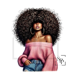 UV-DTF Mooie Afro Latina vrouw krullend haar off-shoulder trui klaar om aan te brengen permanent zelfklevende sticker kopjes telefoon bril auto's tijdschriften