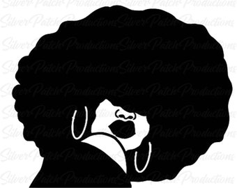 May include: Black and white silhouette of a woman with an afro hairstyle and large hoop earrings. The woman is looking over her shoulder.