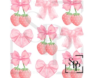 UV DTF Pink Strawberries And Bows Coquette Print Ready to Apply Permanent Adhesive Sticker Cups Phone  Glasses Cars