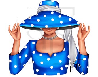 UV DTF Schöne königliche Blau und Weiß Polka Dot Lady bereit, permanent klebende Aufkleber Tassen Telefon Gläser Autos Zeitschriften Becher gelten