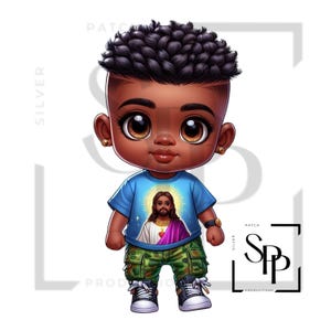 UV-DTF-sticker Afro-Amerikaanse jongen met religieuze blauwe shirtprint klaar om aan te brengen Permanente zelfklevende bekers Telefoonhoesjes Brillen Auto's