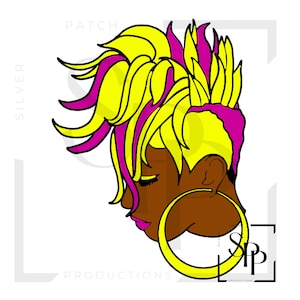 May include: Illustration of a woman's profile with vibrant yellow and pink hair, large yellow hoop earring, and closed eyes. The skin is brown, and the lips are pink. The image has the text "SILVER PATCH PRODUCTIONS".