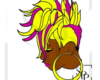UV DTF Black Woman Mohawk Spiked Hair Pink And Yellow Hilights Print Ready to Apply Permanent Adhesive Sticker Cups Phone Cases Glasses Cars