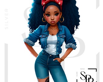 UV DTF Decal African American Retro Denim Girl Hair Bow Curly Hair Print Ready to Apply Permanent Adhesive Cups Phone Cases Glasses Cars