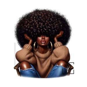 UV-DTF Mooie Afro-Amerikaanse vrouw Krullend haar raakt mijn haar aan Klaar om aan te brengen Permanente zelfklevende sticker Cups Telefoonbril Auto's Tijdschriften
