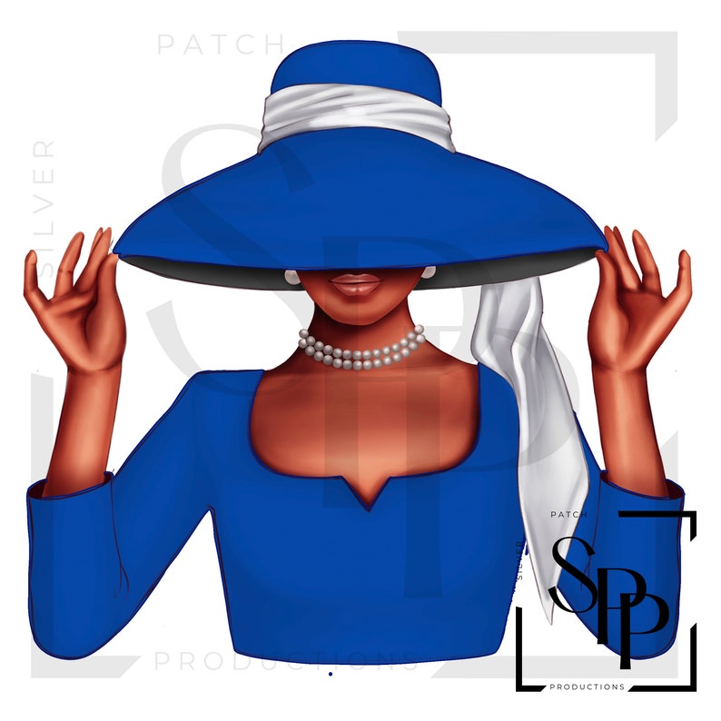 May include: A woman wearing a blue dress and a large blue hat with a white ribbon. She is holding the brim of the hat with her right hand. The hat is covering her eyes. She is wearing a pearl necklace.