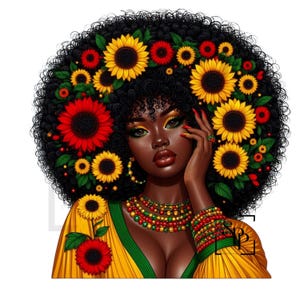 UV-DTF Mooie zwarte vrouw groot krullend haar bloemen kralen sieraden print klaar om aan te brengen permanent zelfklevende sticker kopjes telefoon bril auto's