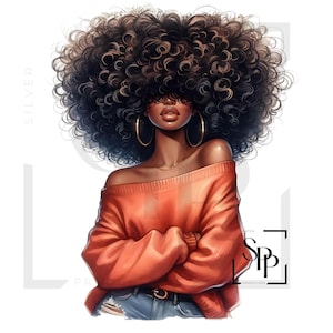 UV-DTF Mooie zwarte vrouw grote krullende afro-off-shoulder trui print klaar om aan te brengen permanente zelfklevende sticker kopjes telefoon bril auto's