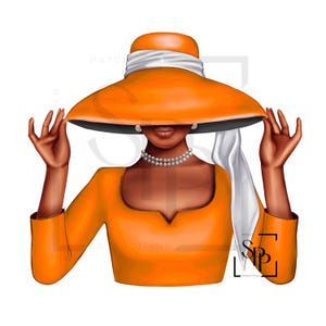 UV-DTF Mooie zwarte vrouw oranje witte hoed dame klaar om aan te brengen permanent zelfklevende sticker bekers telefoon bril auto's tijdschriften bekers