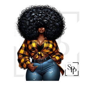 UV-DTF Mooie zwarte vrouw curvy krullend haar gele buffel geruite print klaar om aan te brengen permanente sticker kopjes telefoon bril auto's