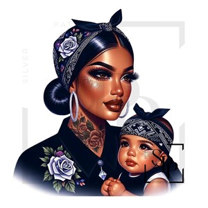 UV-DTF Mooie vrouw Latina met baby mama dochter nek tattoo print klaar om aan te brengen permanente sticker kopjes telefoon bril auto's