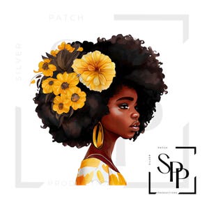 UV-DTF-sticker Afro-Amerikaanse mooie vrouw Gele bloemdessin Print klaar om aan te brengen Permanente zelfklevende cups Telefoonhoesjes Bril Auto's