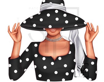UV DTF Beautiful Regal Black And White Polka Dot Lady Ready to Apply Permanent Adhesive Decal Cups Phone Glasses Cars Journals Tumblers