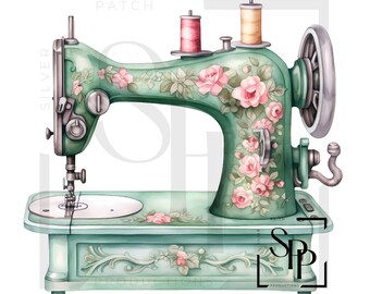 UV DTF Vintage Style Nähmaschine In grün mit Blumen Druck bereit, permanent klebende Aufkleber Tassen Telefon Hüllen Gläser Autos gelten
