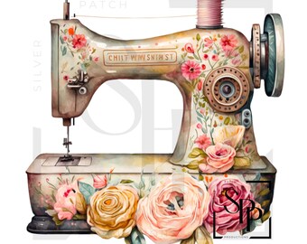 UV DTF Vintage Style Nähmaschine In Tan mit Blumen Druck bereit, permanent klebende Aufkleber Tassen Telefon Fällen Gläser Autos gelten