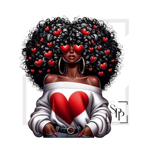 UV-DTF Mooie zwarte vrouw krullend afro off-shoulder hart trui print klaar om aan te brengen permanente sticker kopjes telefoon bril auto's