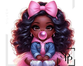 UV DTF Decal African American Cute Girl Pink Bow Blowing Bubble Print Ready to Apply Permanent Adhesive Cups Phone Cases Glasses Cars