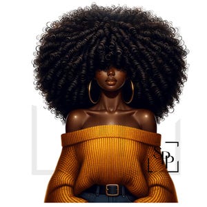 UV-DTF Mooie zwarte vrouw met krullend haar Gele off-shoulder trui print klaar om aan te brengen permanente zelfklevende sticker kopjes telefoon bril auto's