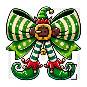 May include: A green and white striped bow with a green elf hat and legs. The elf is wearing a brown belt with a gold buckle and has a bell on its leg.
